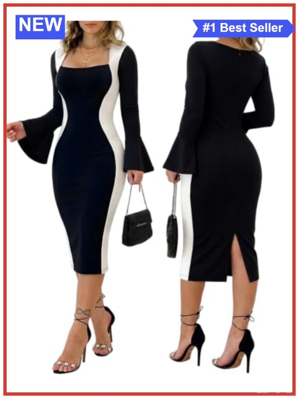 Women's Colorblock Square Neck Long Sleeve Midi Bodycon Dress with Back Slit